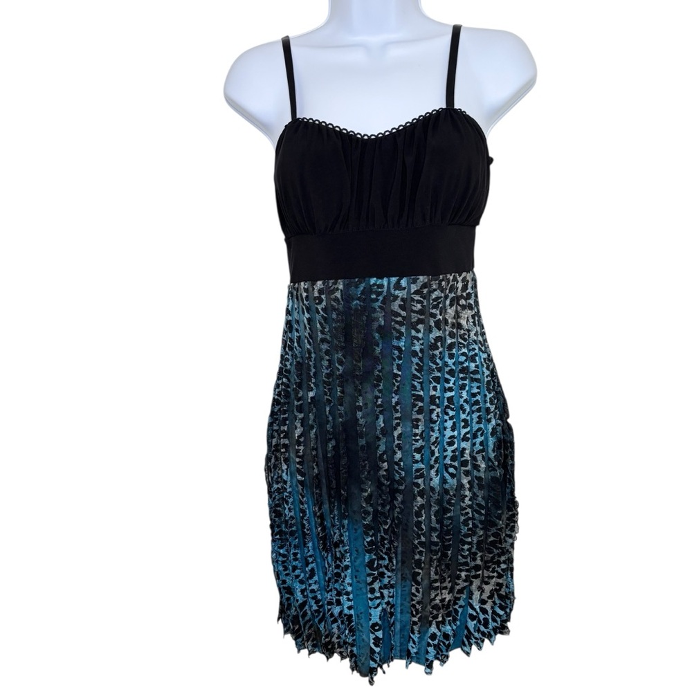 Vintage Y2K Babydoll Dress Black Blue Crinkle Pleat Animal Print M